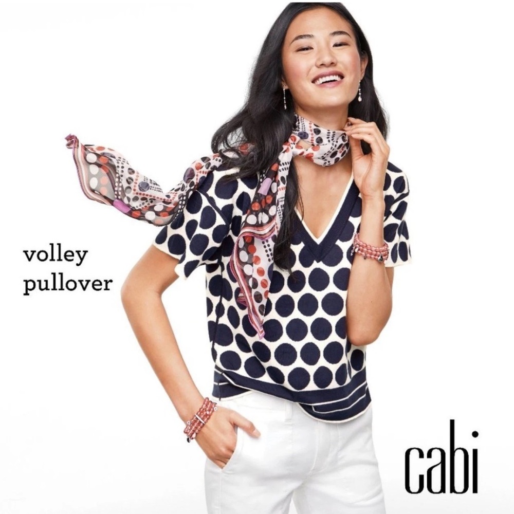 Cabi Volley Polka Dot Pullover Reversible Short Sleeve Sweater Blue White XS